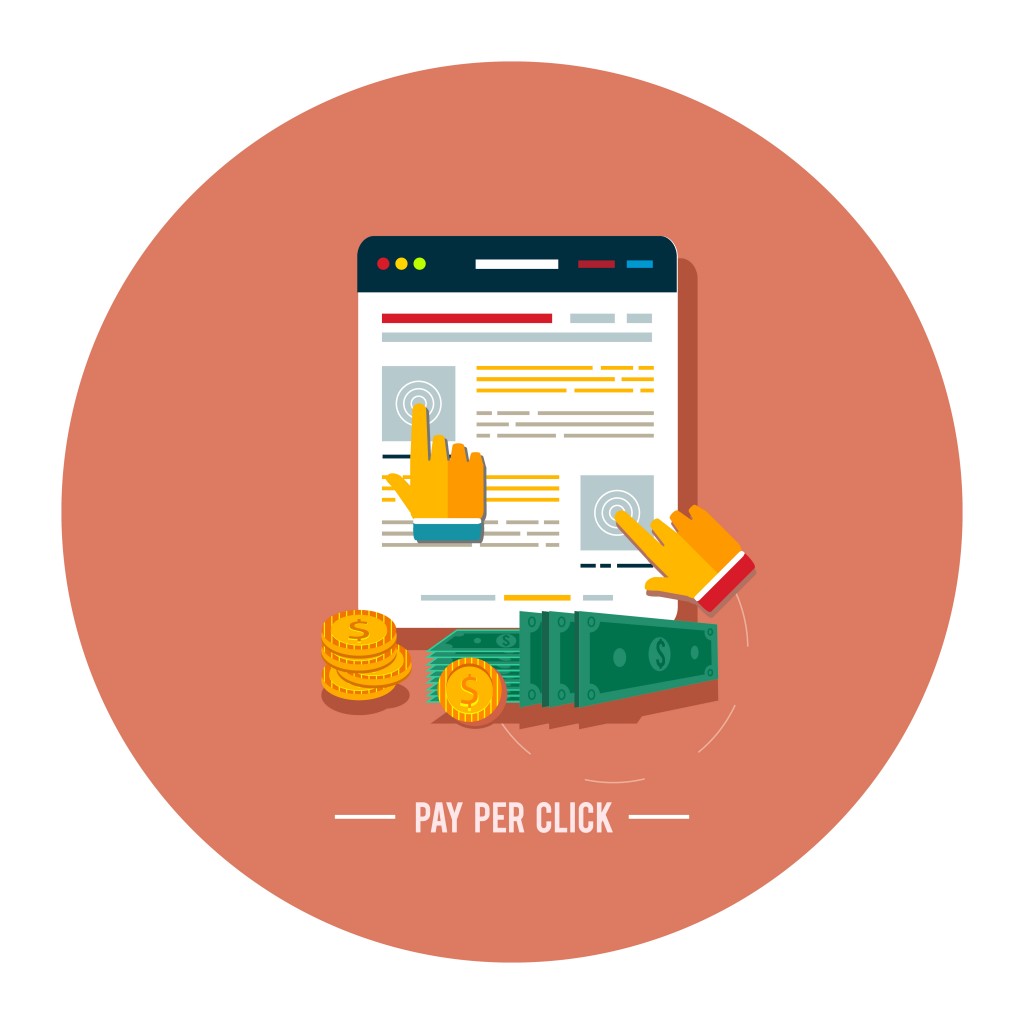 Pay per click internet advertising model when the ad is clicked. Modern flat design